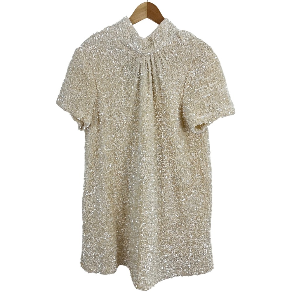 Entro PinkBlush Sequin Mini Dress Size S Cream Short Sleeve Bow Back